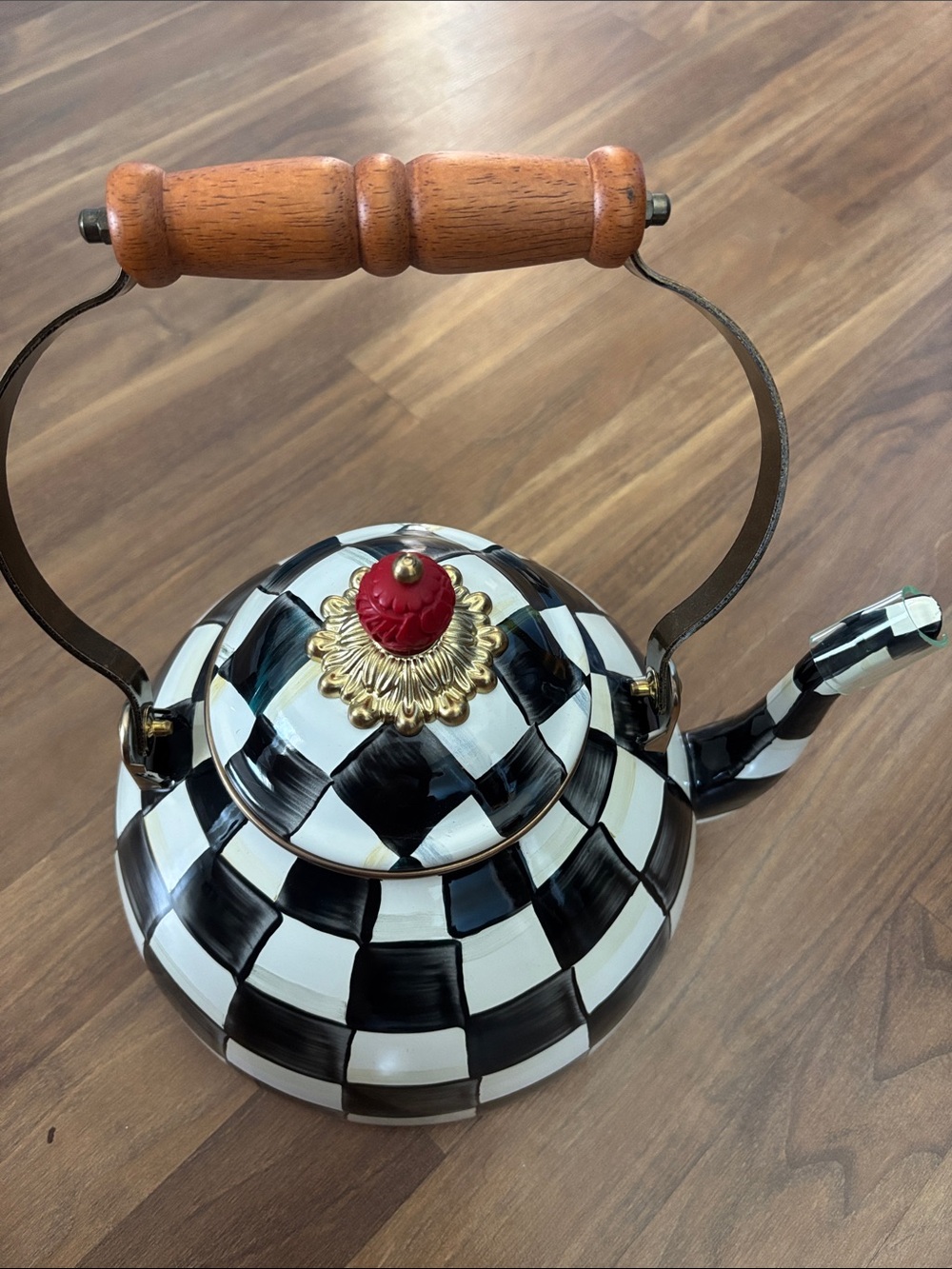 NEW MacKenzie-Childs Courtly Black and White Checkered Tea Kettle LARGE 3QT Size